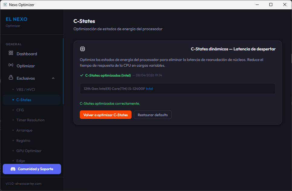 NexoOptimizer — Configuración de C-States Intel y AMD