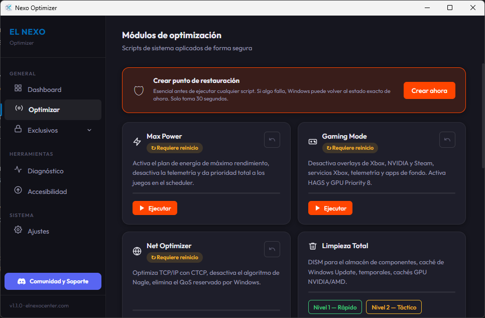 NexoOptimizer — Dashboard principal de scripts