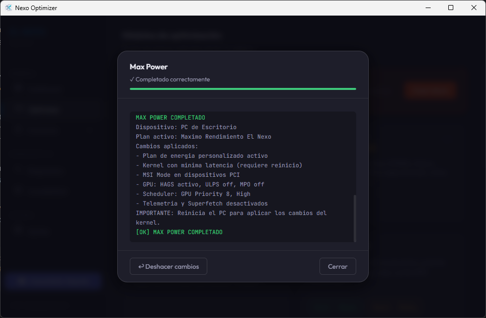 NexoOptimizer — Progreso de script en tiempo real