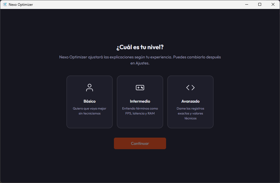 NexoOptimizer — Vista perfil avanzado