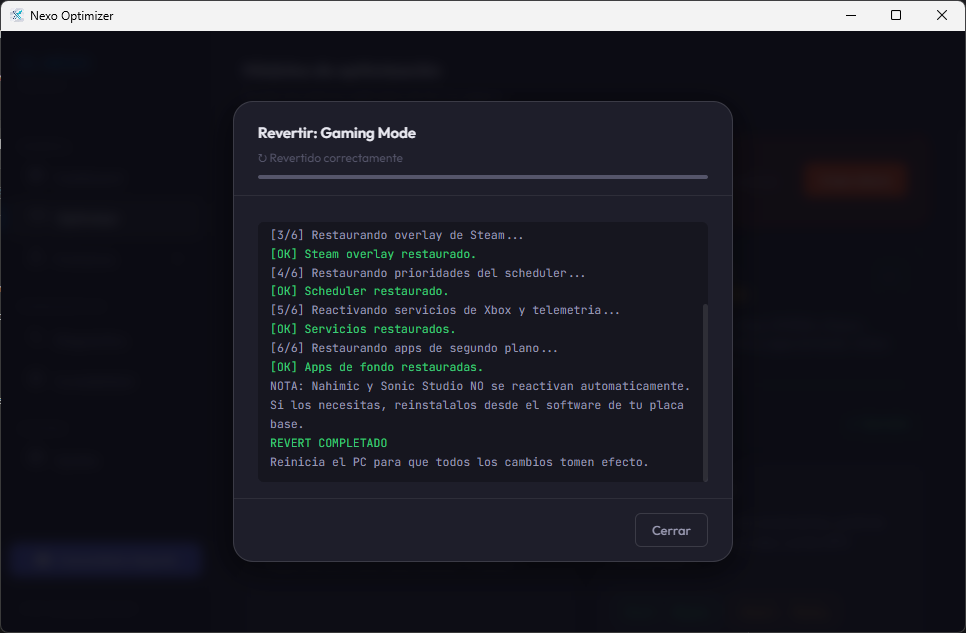 NexoOptimizer — Función de revert automático