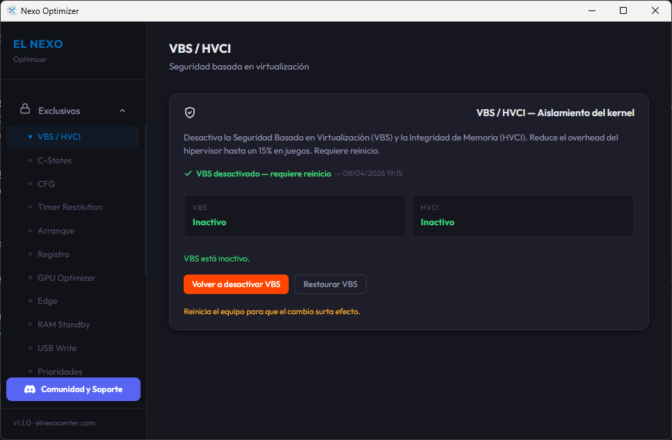 NexoOptimizer — VBS y HVCI toggle
